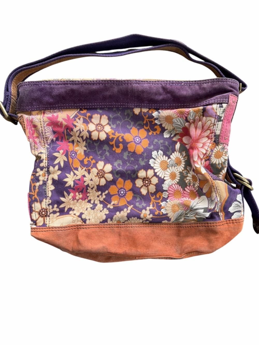 Lucky Brand Runaway Hobo Shoulder Crossbody Bag Floral Canvas Suede Trim
